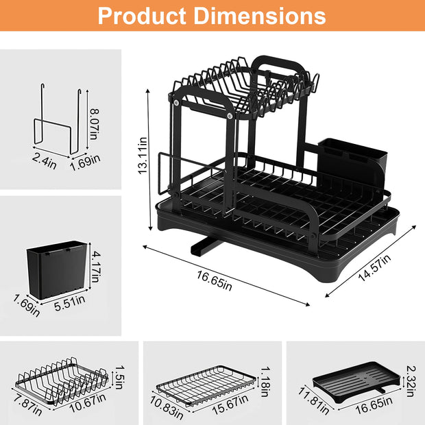 1Pc  2-Tier Rustproof Dish Drying Rack For Kitchen Counter With Drainboard Detachable Kitchen Drainer