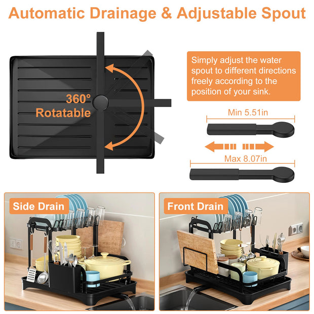 1Pc  2-Tier Rustproof Dish Drying Rack For Kitchen Counter With Drainboard Detachable Kitchen Drainer