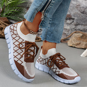 Colorblock Plaid Lace-Up Flyknit Sneakers Ins Mesh Casual Shoes Fashion Breathable Walking Running Sports Shoes For Women