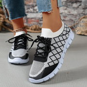 Colorblock Plaid Lace-Up Flyknit Sneakers Ins Mesh Casual Shoes Fashion Breathable Walking Running Sports Shoes For Women